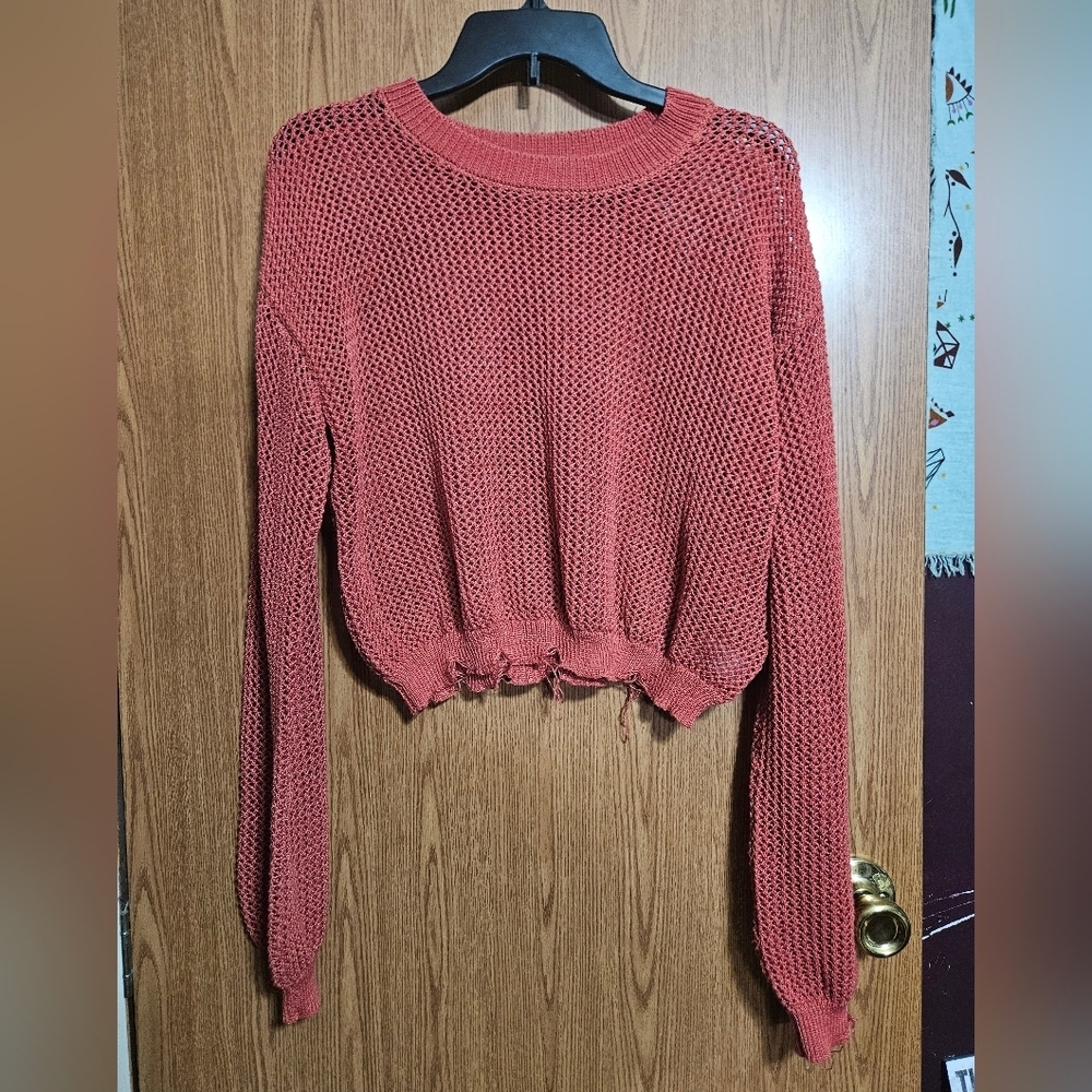 Double Zero Destroyed Hem Crochet Open Knit Sweater Size Medium Dark Pink!